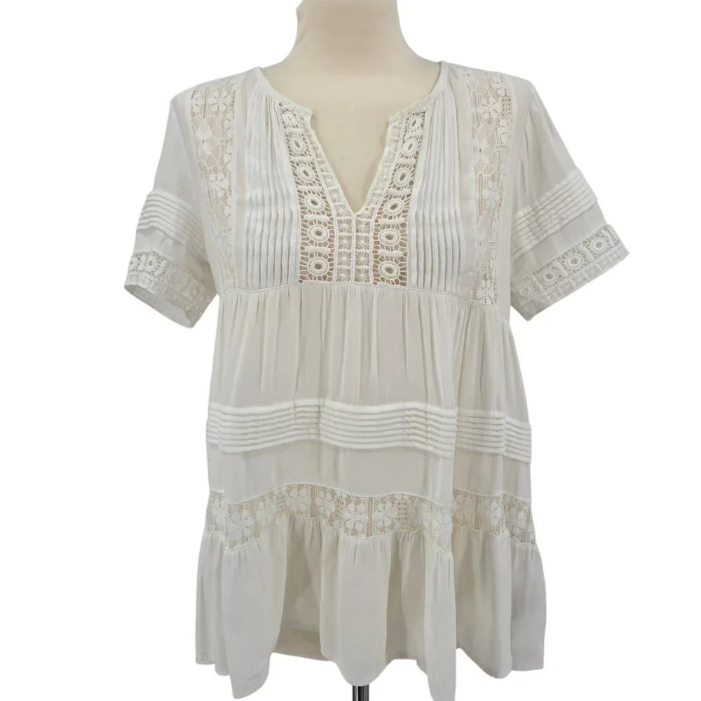 Anthropologie | Maeve White Tiered Crochet Lace Tiered Blouse Small - Picture 2 of 4